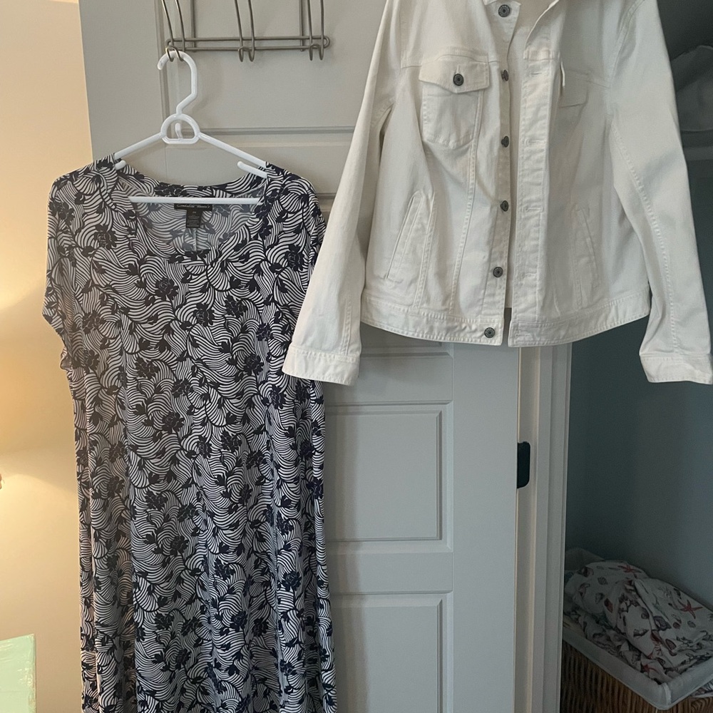 2x  Patterned Dress with Talbots 2x White Jean Jacket